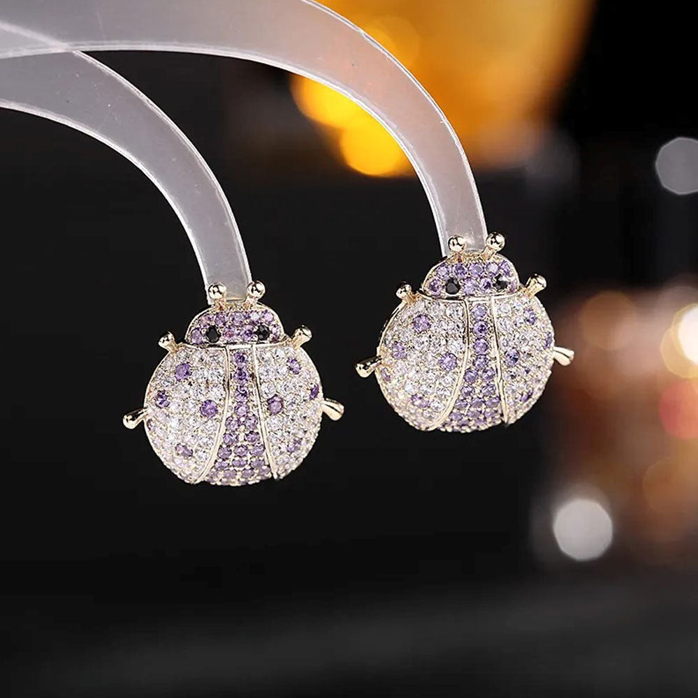 Purple Crystal Ladybug Stud Earrings