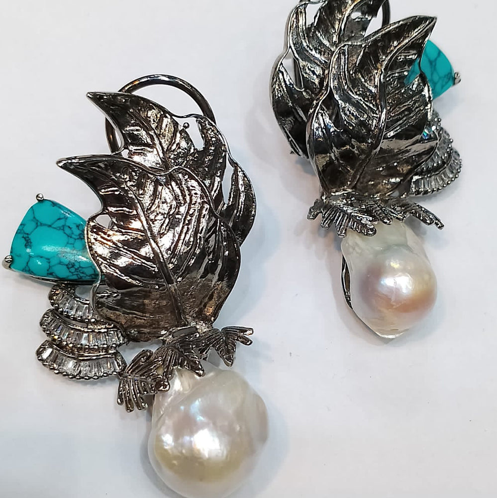 Retro Palace Style Pearl Turquoise Crystal Flower Earrings