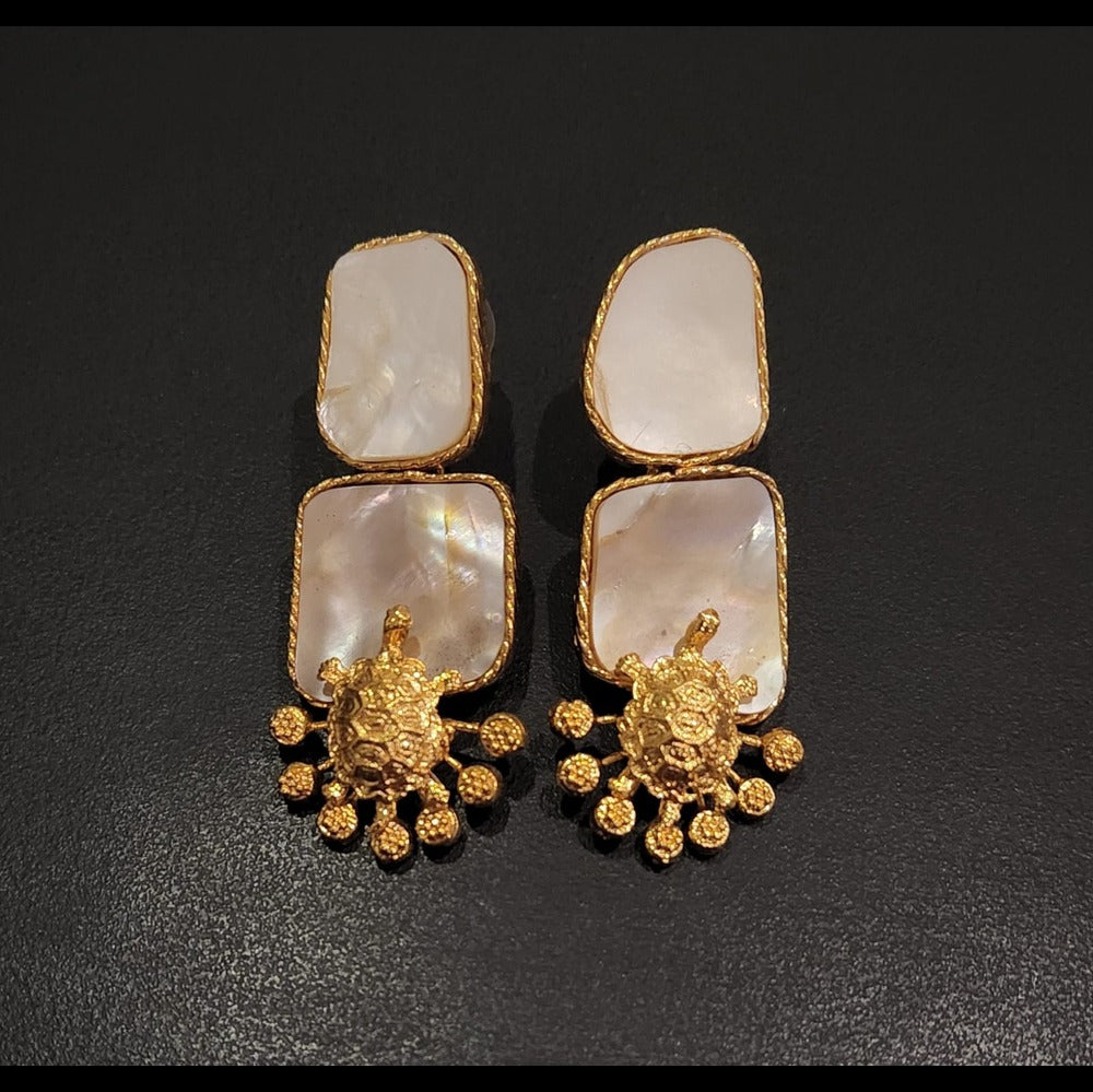 White Mother of Pearl Dangle Earrings with Gold Turtle Charm