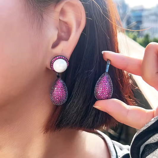 Magenta & Pearl Pavé Teardrop Earrings