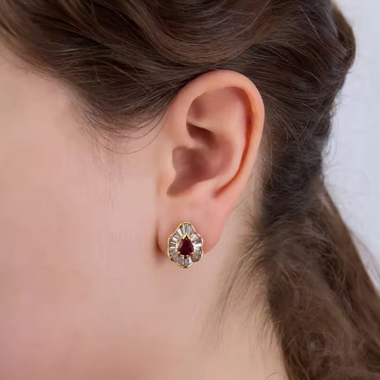 Pear Cut Ruby & Baguette Diamond Ballerina Earrings