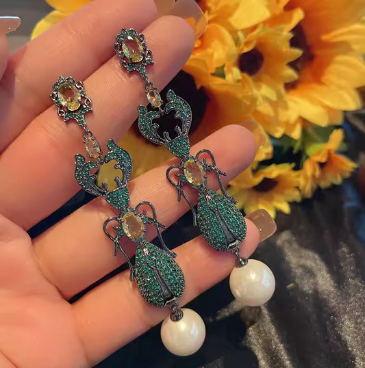Beetle Pearl Drop Earrings