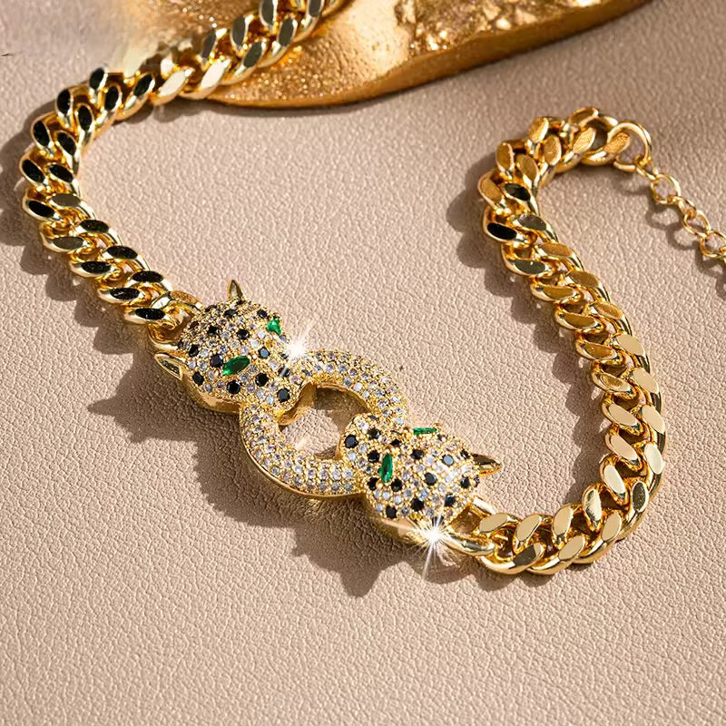 Double Panther Head Cuban Link Bracelet
