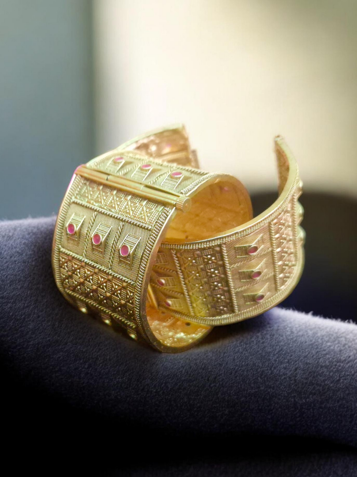 Oxidised Gold Kada with Pink Ruby Stones