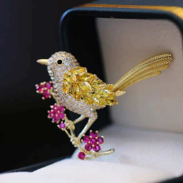 Crystal Bird on Branch Flowery Brooch