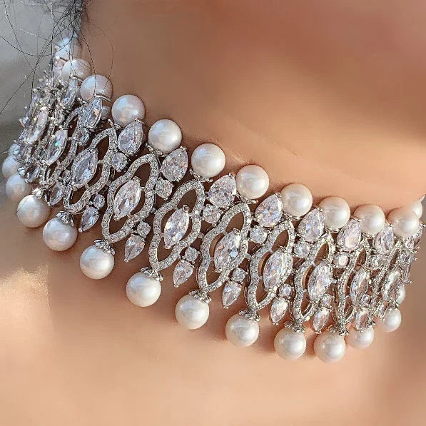 Rose Gold Pearl and Marquise Zirconia Choker Set