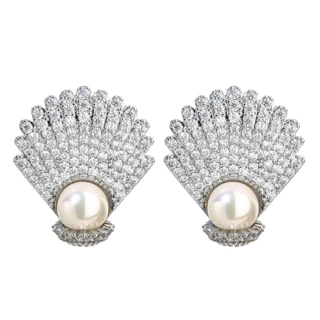 Diamond-Encrusted Shell Pearl Earrings