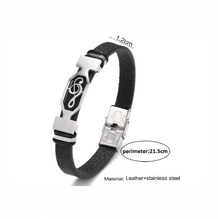 Men's Silver Treble Clef Leather Bracelet