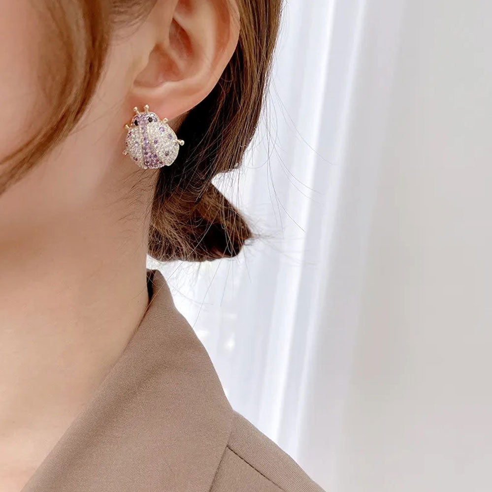 Purple Crystal Ladybug Stud Earrings