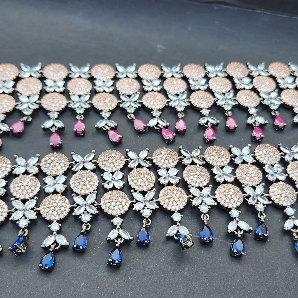 Royal Blue & Pink Cubic Zircon Floral Choker Set