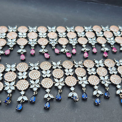 Royal Blue & Pink Cubic Zircon Floral Choker Set