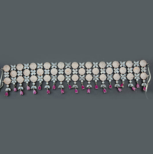 Royal Blue & Pink Cubic Zircon Floral Choker Set