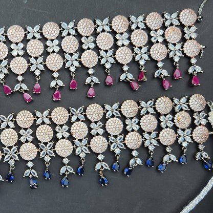 Royal Blue & Pink Cubic Zircon Floral Choker Set