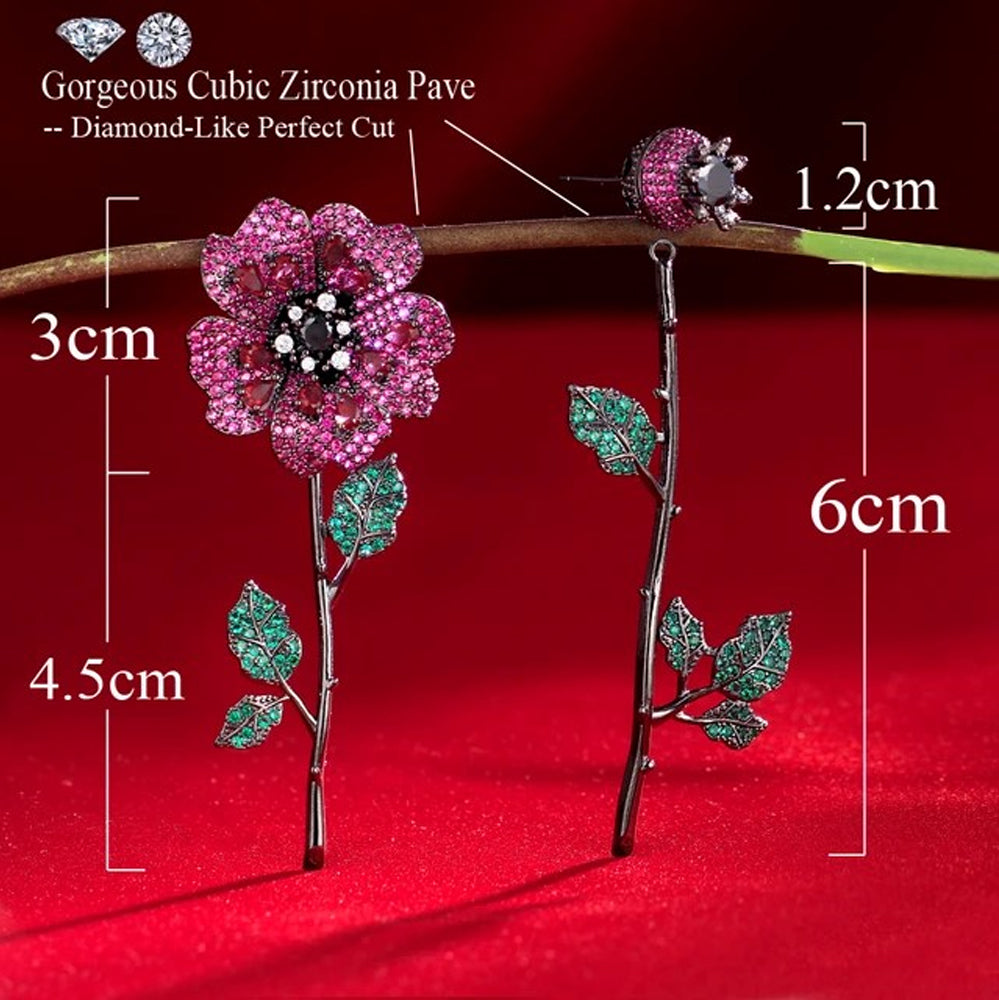 Crystal Pavé Pink Rose Flower Long Stem Earrings