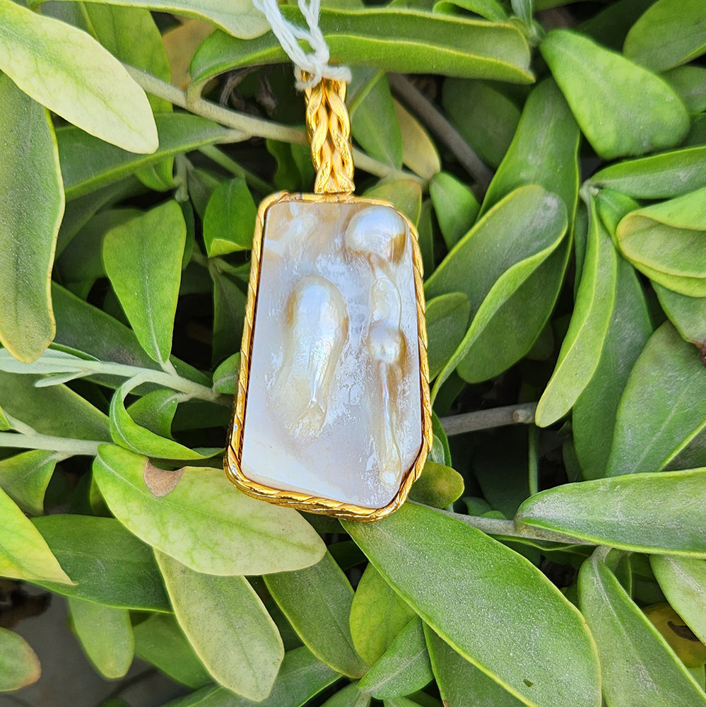 Gold Organic Pearl Inset Rectangle Necklace
