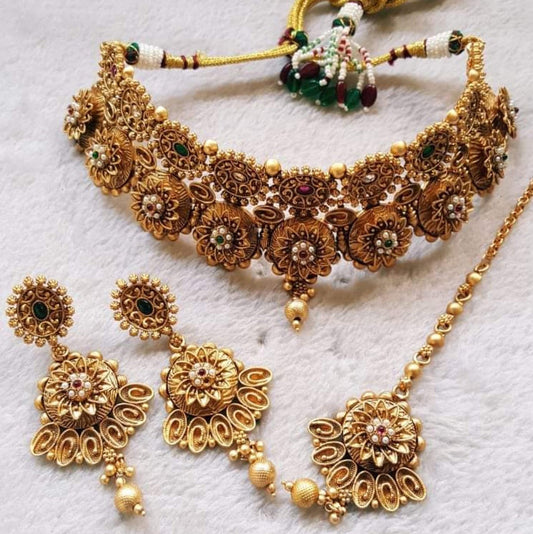 Antique Gold-Plated Floral Choker Necklace Set with Earrings & Maang Tikka
