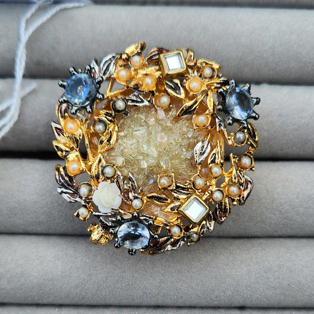 Vintage Floral Wreath Brooch with Blue Stones and Faux Pearl Accents