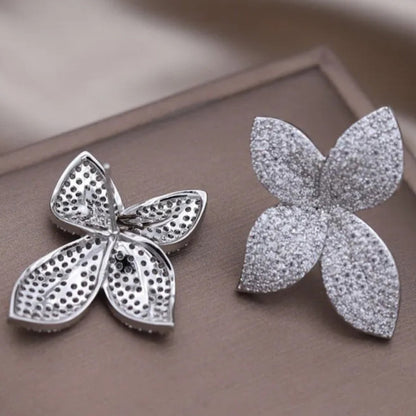 Sparkling Full Crystal Four-Leaf Flower Stud Earrings