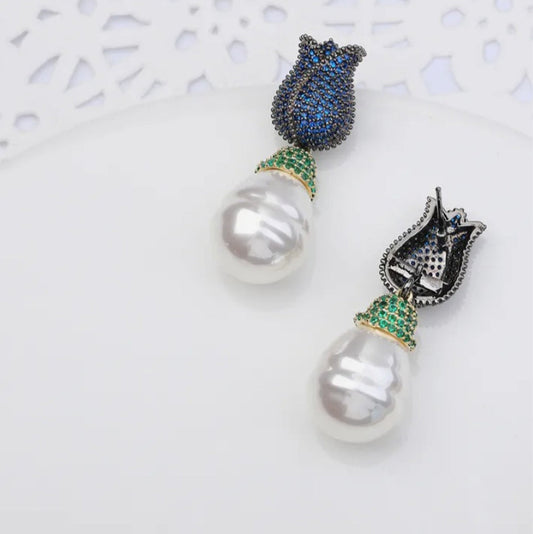 Tulip & Pearl Pavé Drop Earrings