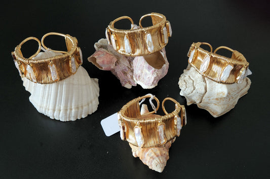Biwa Pearl Gold Wire Wrapped Cuff - Handmade Pearl Bangle