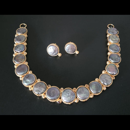 Grey Coin Pearl Gold Plated Necklace and Earrings Set