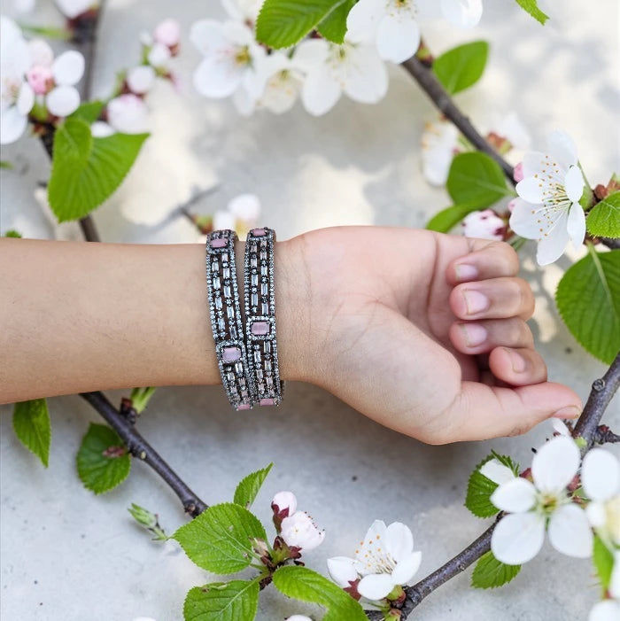 Oxidised Silver Pink Stone Crystal Bangle Set