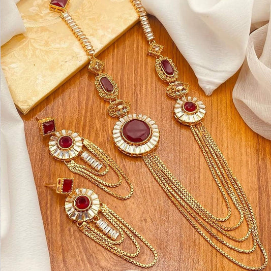 Golden Maroon Bridal Heavy Choker Mirror Necklace Set