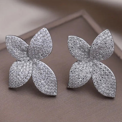 Sparkling Full Crystal Four-Leaf Flower Stud Earrings