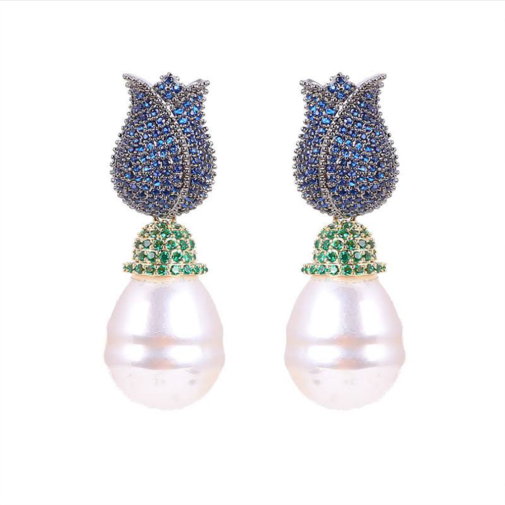 Tulip & Pearl Pavé Drop Earrings