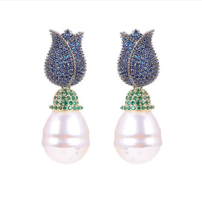 Tulip & Pearl Pavé Drop Earrings