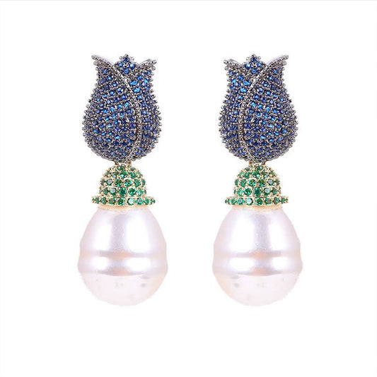 Tulip & Pearl Pavé Drop Earrings