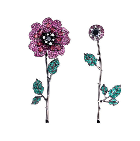 Crystal Pavé Pink Rose Flower Long Stem Earrings
