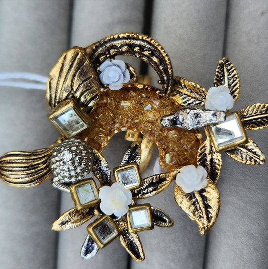 Vintage Floral Wreath Brooch with Blue Stones and Faux Pearl Accents