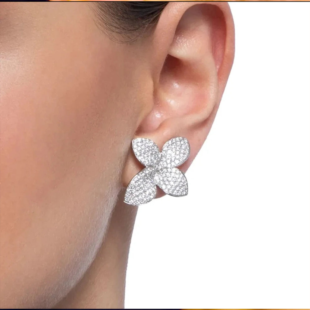 Sparkling Full Crystal Four-Leaf Flower Stud Earrings