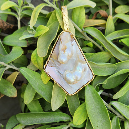 Gold Organic Pearl Inset Rectangle Necklace
