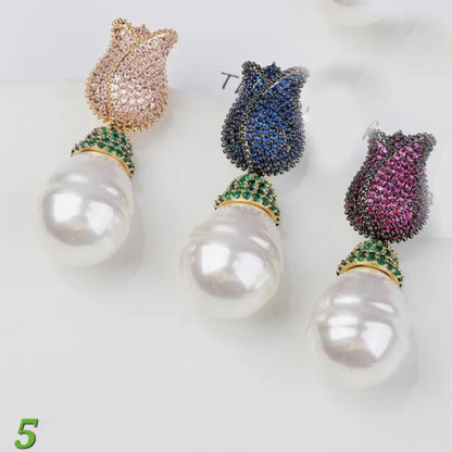 Tulip & Pearl Pavé Drop Earrings