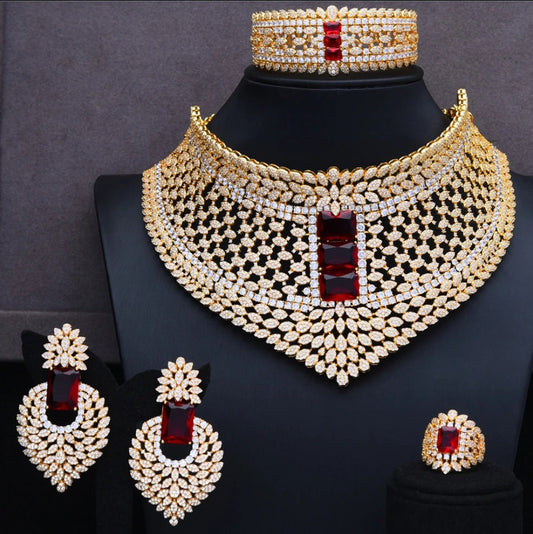 Gold Plated Red Stone Bridal Jewelry Set
