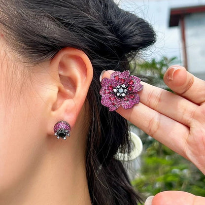 Crystal Pavé Pink Rose Flower Long Stem Earrings