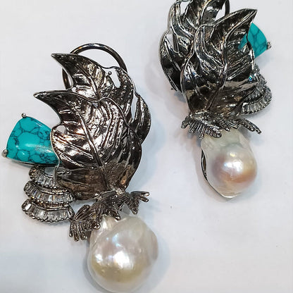 Retro Palace Style Pearl Turquoise Crystal Flower Earrings