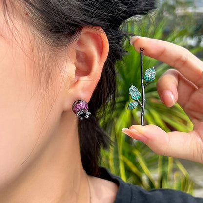 Crystal Pavé Pink Rose Flower Long Stem Earrings