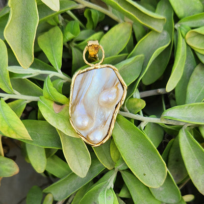 Gold Organic Pearl Inset Rectangle Necklace