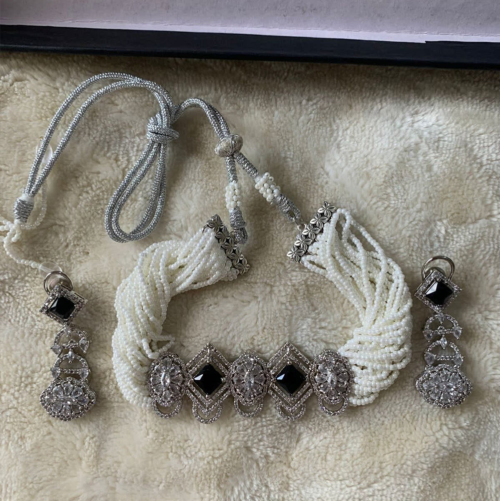 Silver Antique Afghani Choker with Black Stones & Pearl