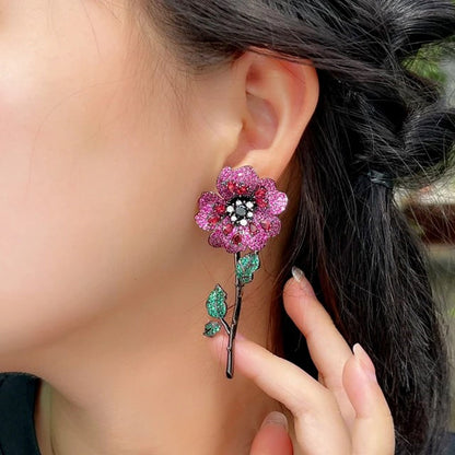 Crystal Pavé Pink Rose Flower Long Stem Earrings