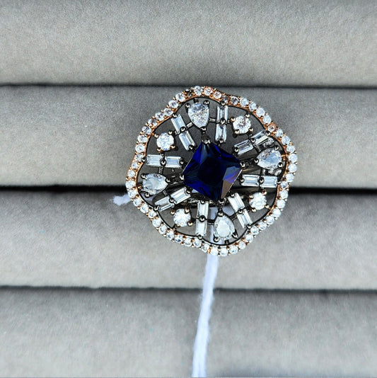 Blue Sapphire and Diamond Scalloped Sunflower Cluster Ring