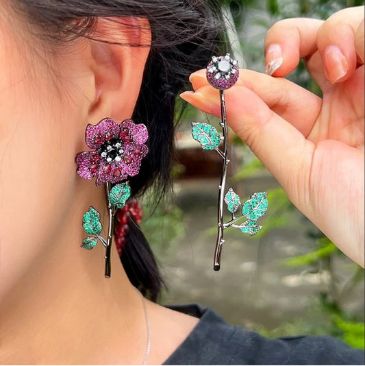 Crystal Pavé Pink Rose Flower Long Stem Earrings