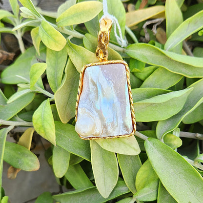 Gold Organic Pearl Inset Rectangle Necklace