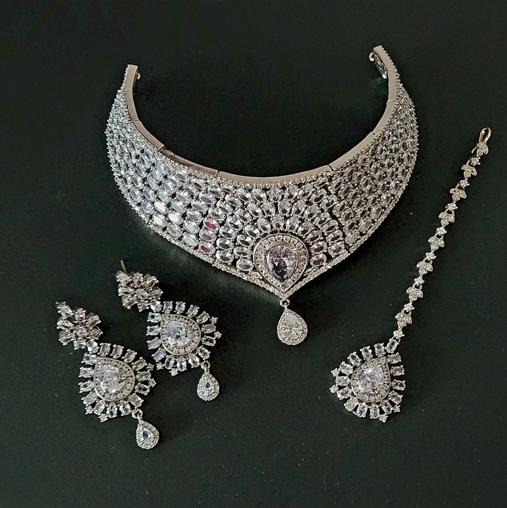 Bridal Zirconia Choker Necklace Set with Maang Tikka