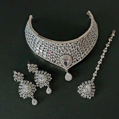 Bridal Zirconia Choker Necklace Set with Maang Tikka