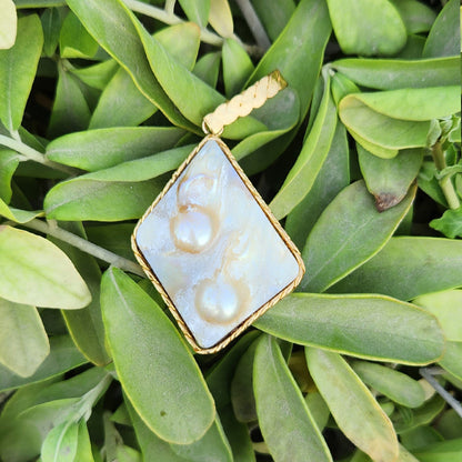 Gold Organic Pearl Inset Rectangle Necklace
