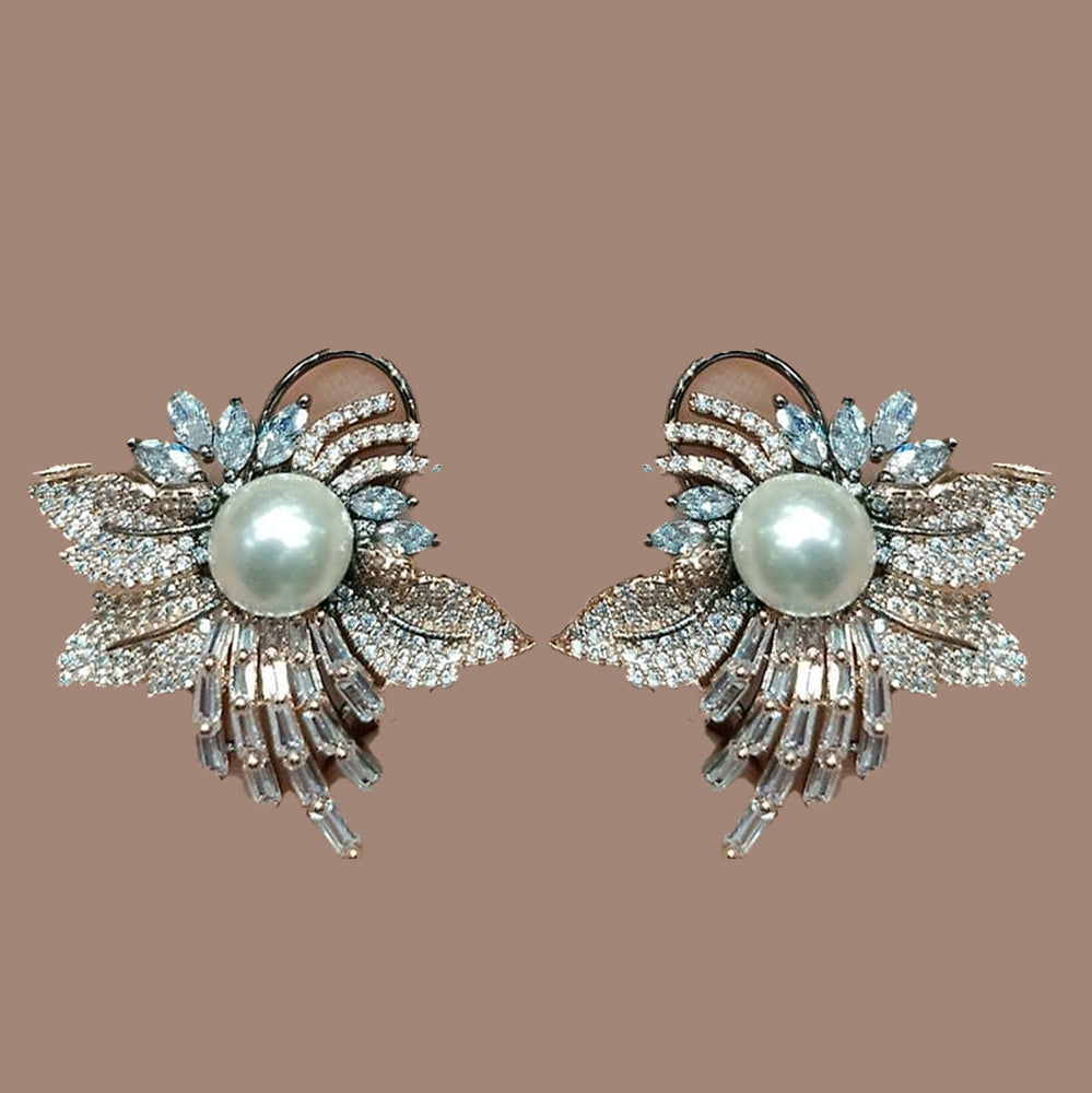 Crystal Pearl Feather Leaf Statement Earrings